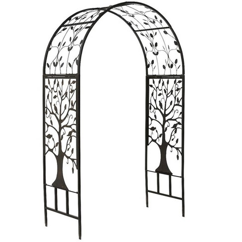 Wide Arch Metal Garden Arbor With Tree, Metal Garden Trellis Arch