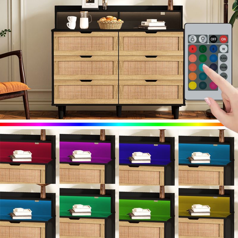 43.31" 6-Drawers Rattan Dresser, Storage Cabinet with LED Lights and Power Outle 4M - ModernLuxe, 4 of 9