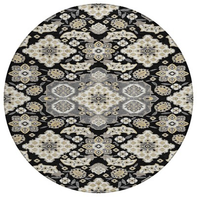 HomeRoots 8' Black Gray And Beige Round Medallion Washable Indoor Outdoor Area Rug