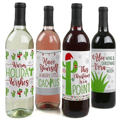 Big Dot of Happiness Merry Cactus - Christmas Cactus Party Decorations for Women and Men - Wine Bottle Label Stickers - Set of 4