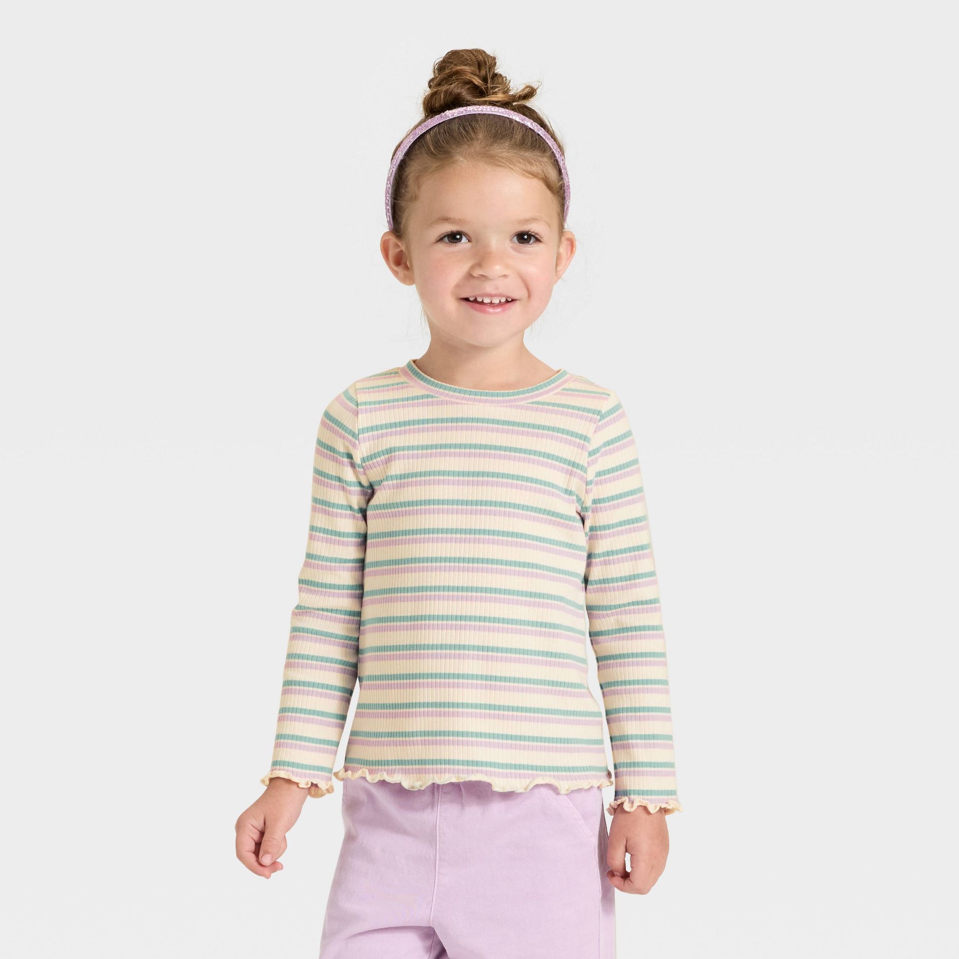 Toddler Girls' Long Sleeve Striped Ribbed T-Shirt - Cat & Jack™ Ivory 3T