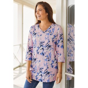 Woman Within Perfect Printed Three-Quarter Sleeve V-Neck Tee - 1 of 3