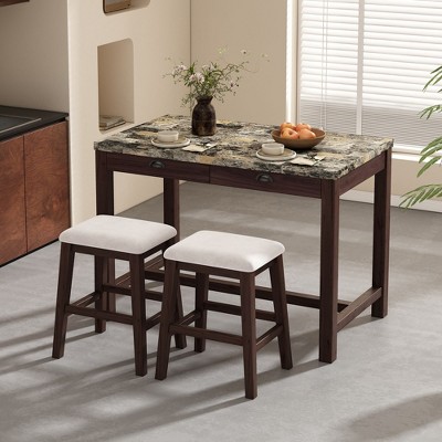 NicBex Dining Table Set for 2 Modern Faux Marble Versatile Bar Table Set with Storage Drawers and Padded Stools for Dining Room