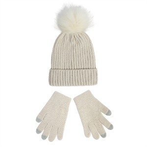 Anna-Kaci Knit Beanie and Touchscreen Gloves 2-Piece Winter Accessory Set with Ribbed Cuff Design and Fluffy Pom Pom Detail - 1 of 3