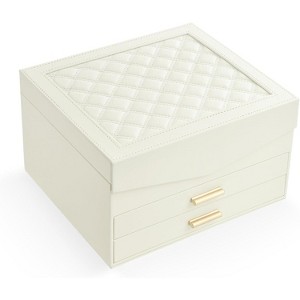 3-Layer Synthetic Leather Jewelry Box with Mirror, Large Organizer Case with Removable Tray for Necklaces & Earrings, White - 1 of 4