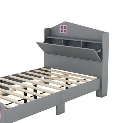 Platform Bed, Wood Twin Size Platform Bed Frame with Storage Headboard and Wood Slat Support, Wood Modern House Style Bed for Kids Grown-ups, Grey