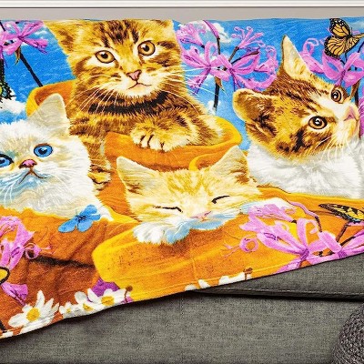 Garden Wonder Kittens Fleece Throw Blanket with Floral Design