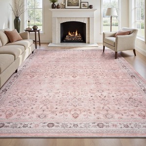MontVoo Vintage Floral Washable Rugs Pink - 1 of 4