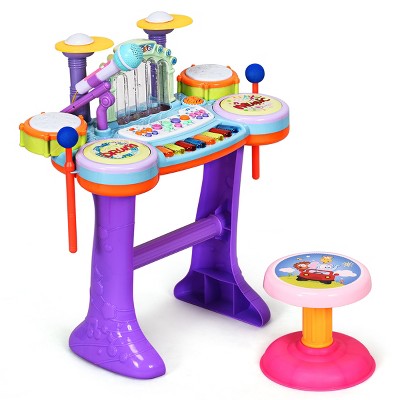 Costway 3 in 1 Kids Musical Instrument Piano Keyboard Drum Set w/ Music Fountain & Stool