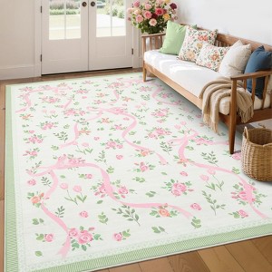 Floral Rugs for Living Room Bedroom Washable Bow Pattern Area Rug Non Slip Low Pile Indoor Home Decor Carpet - 1 of 4
