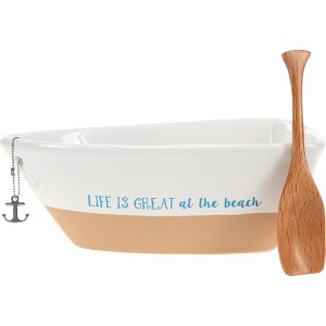 Pavilion Gift Company - Life Is Great At The Beach - 12 Oz Stoneware Boat Dish Server With Wooden Oar Scoop - 1 of 1