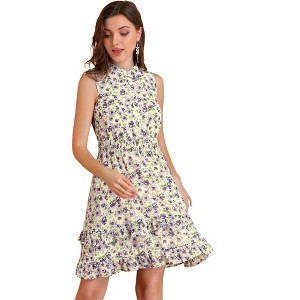 Allegra K Women's Regular Fit Floral A-line Smocked Waist Tiered Ruffled Chiffon Mini Dress - 1 of 4