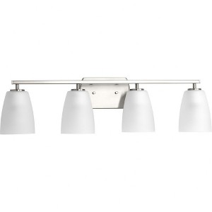 Progress Lighting Leap Collection 4-Light Bath Vanity in Brushed Nickel with Tapered Etched Glass Shades - 1 of 2