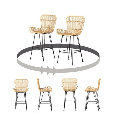 Balka Rattan and Black Metal Counter Stools with Armrests, Set of 2