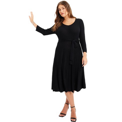 June + Vie by Roaman's Women's Plus Size Pleated Sweater Dress, 26/28 -  Black