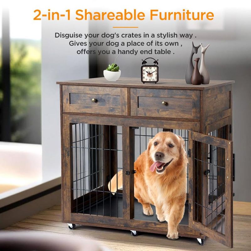 Dog Crate Furniture, Wooden Dog Kennel with Room Divider and Tray, Double Rooms Dog Cage, Wooden Dog Crate Table with 2 Drawers End Table, 2 of 8