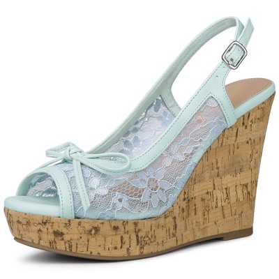 Allegra K Women's Casual Wood Platform Heels Bow Lace Wedge Sandals