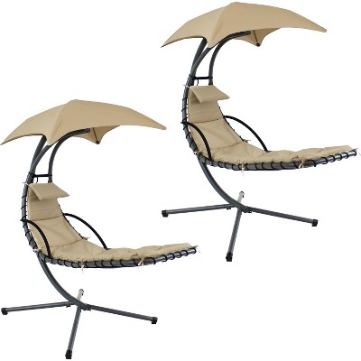 Sunnydaze Outdoor Hanging Chaise Floating Lounge Chair with Canopy Umbrella and Stand, Beige, 2pk