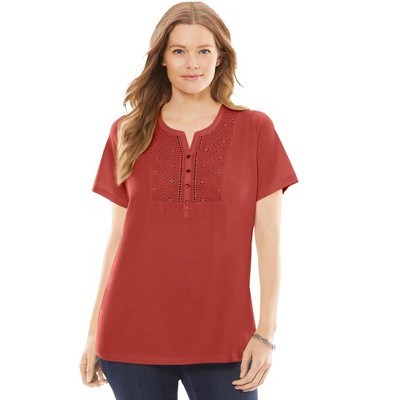 Woman Within Women's Plus Size Eyelet Henley Tee