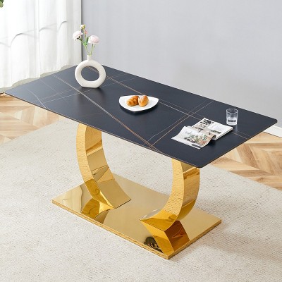 Modern Sintered Stone Dining Table,Dining Table With Snow Mountain Stone Tabletop And Metal Table Legs,Rectangular Dining Table-Coolbibila