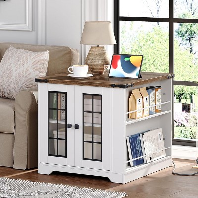 Farmhouse End Table with Charging Station, 23.6" Large End Table for Living Room with Side Shelves