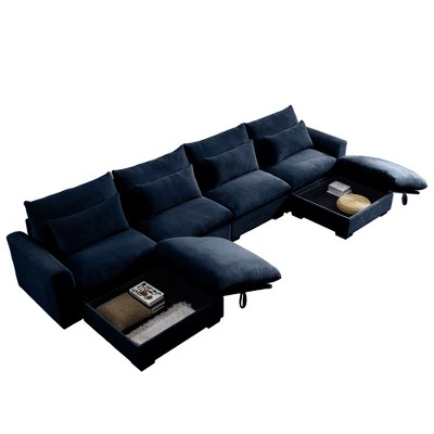 NicBex U-Shaped Corduroy Sectional Sofa,4 Seater Couch with 2 Storage Ottomans and 4 Waist Pillows for Living Room,Bedroom