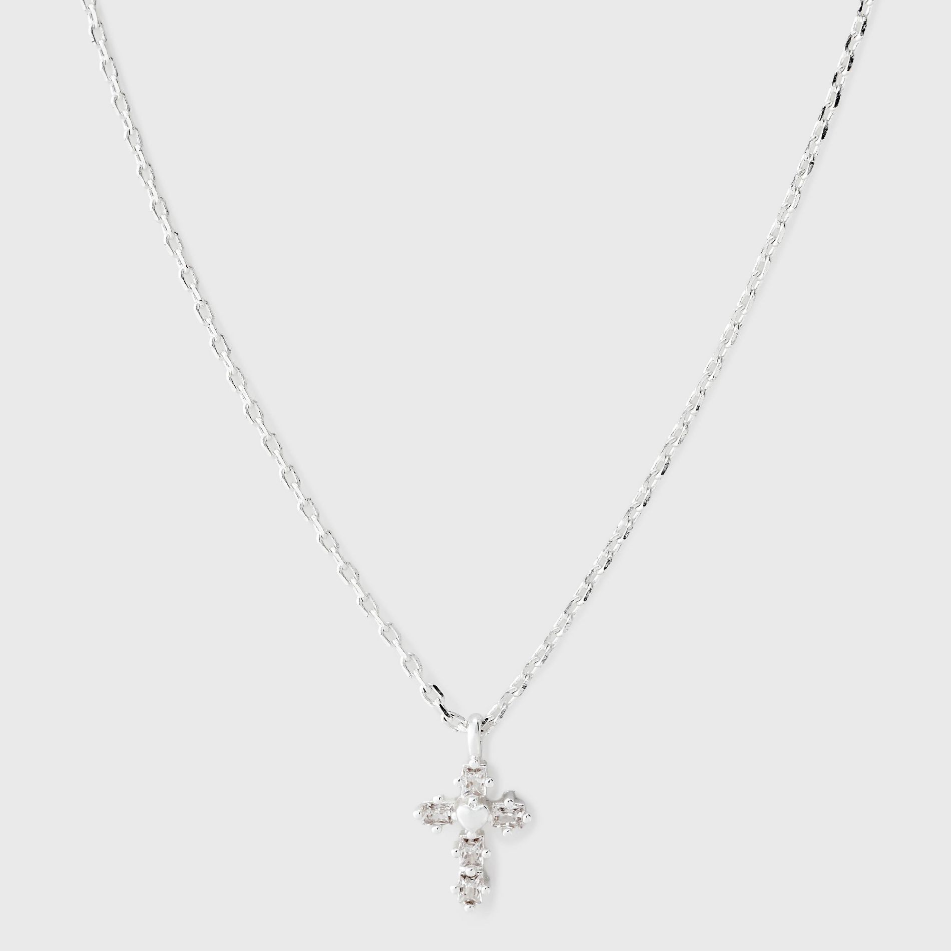 Silver Plated Cubic Zirconia Cross With Heart Center Necklace - Silver