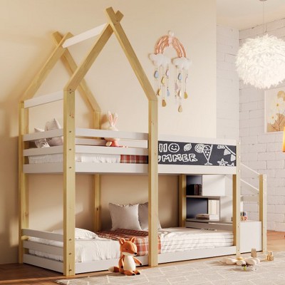 Bunk Bed Frame Twin House Bunk Bed,Twin Over Size Bed, Convertible Pine Wood Bunk Bed With Storage Staircase And Blackboard, For Kids Room Bedroom
