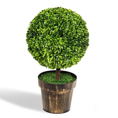22" Green Artificial Boxwood Topiary Trees in Bronze Cement Pots, Set of 2
