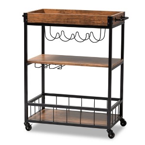 Cerne Oak and Finished Mobile Metal Bar Cart with Wine Bottle Rack Brown - Baxton Studio - 1 of 4
