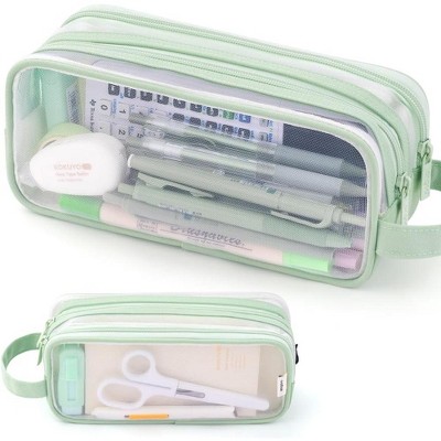 Paaaawaters Large Grid Mesh Pencil Case 2 Compartment Pen Bag Clear Handheld Multifunction Pencil Pouch Transparent Makeup Bag