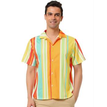 Lars Amadeus Men's Vertical Striped Shirt Short Sleeve Button Down Summer Color Block Hawaiian Beach Striped Shirts