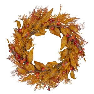 Northlight Yellow and Orange Berry and Leaves Fall Harvest Artificial Wreath - 24-Inch, Unlit - 1 of 4