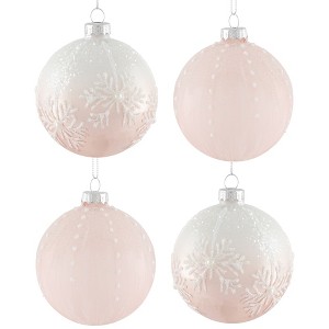 Northlight Snowflakes Glass Ball Christmas Ornaments - 3" (80mm) - Pink and White  - 4ct - 1 of 4