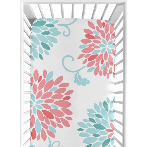 Coral and teal floral crib shop bedding