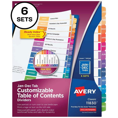 Avery Pre-printed Monthly Dividers Customizable Table 11830 : Target