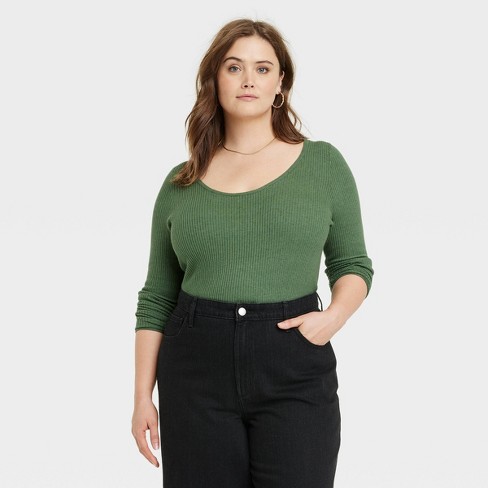 Women's Shrunken Rib Scoop Neck Pullover Sweater - Universal Thread™ Green  4x : Target