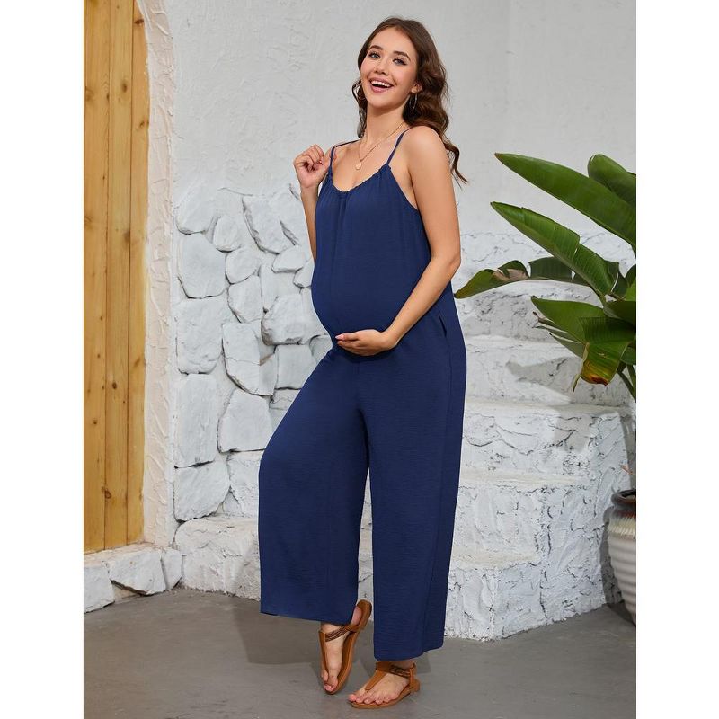 Maternity Jumpsuit Summer Sleeveless Spaghetti Strap Long Pants Wide Leg Overalls Romper with Pockets, 4 of 8