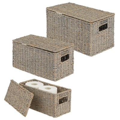 Gray Seagrass Rectangular Storage Baskets with Lids, Set of 3