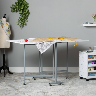 Sew Ready Silver White Folding Craft Table with Locking Wheels