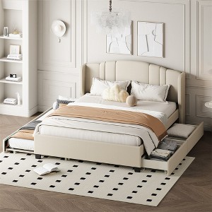 Upholstered Platform Bed With Wingback Headboard, Queen Size Bed Frame With Twin Trundle, 2 Drawers, No Box Spring Needed - 1 of 4