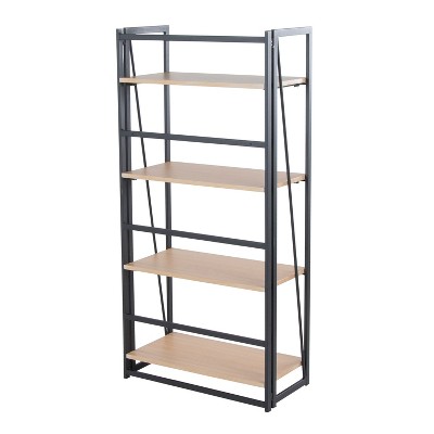 Vynxaria Contemporary Dakota Bookcase 4 Open Wood Shelves, Distressed Wood Top, Sturdy Metal, 100 lbs Limit, Black Painted Metal & Natural Wood