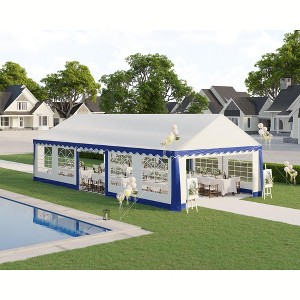 AMERLIFE 13 x 32 FT Party Tent with Rolled Sidewalls and Zinc Alloy Tube & Spiral Stakes, Waterproof Event Shelters, White & Blue - 1 of 4