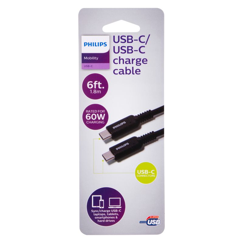 Philips 6' Cable, USB-C to USB-C 60W Charge - Black, 6 of 8