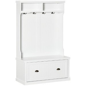 HOMCOM Modern Hall Tree, Coat Rack with Shoe Storage Bench with 4 Double Hooks and 2 Shelves for Hallway, Living Room, White - 1 of 4