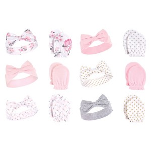 Hudson Baby Infant Girl 12Pc Cotton Headband and Scratch Mitten Set, Pink Floral Dots, 0-6 Months - 1 of 3