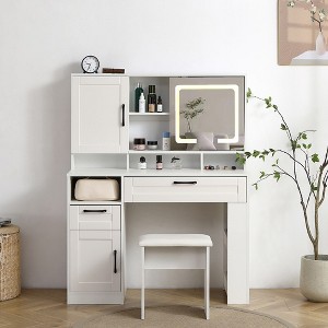 57.8" Vanity Table Set With Stool, LED Light, Adjustable Lighting, 2 Drawers, Makeup Vanity Table Set For Girl, Women Bedroom - 1 of 4