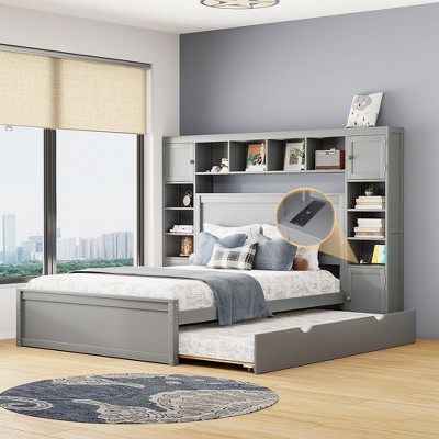 Queen Size Wooden Bed With All-in-one Cabinet, Shelf And Trundle, Gray ...