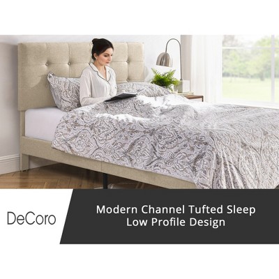 Linen Upholstered Full Platform Bed with Tufted Headboard and Wood Slats