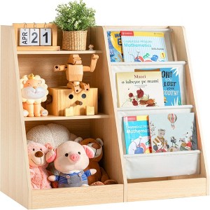 Ruvalino Decorative Bookshelf Wooden Kids Sling Bookcase with Side Pocket Toy Organizer for Nursery, Brown, 32.3"*15.7"*29.5" - 1 of 4